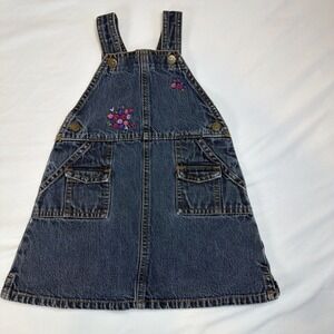 OshKosh B'gosh Girl Denim Overalls Dress Embroidered Flowers 18M Toddler Vtg Y2K